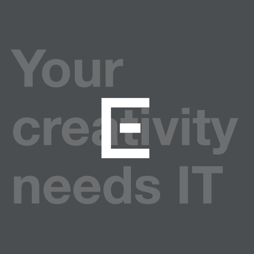 Monogramme du logo Embrace sur fond graphique gris avec la phrase Your creativity needs IT