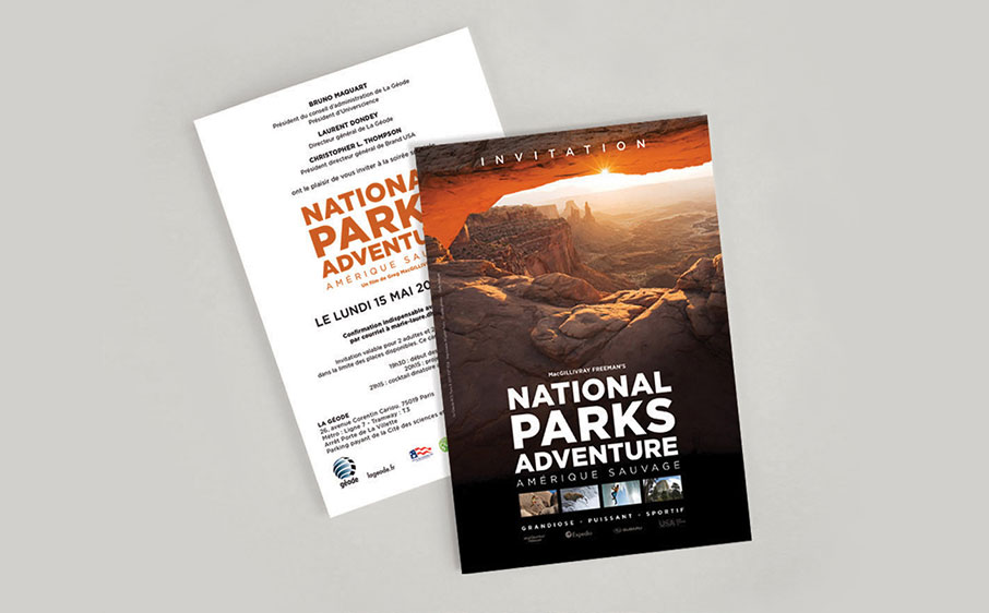Invitation recto et verso pour soirée évènementielle du film National Parks adventure à la Géode